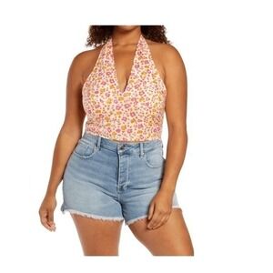 BP Sally Retro Floral Halter Top‎ White Orange Pink V-Neck Smock Back 3X